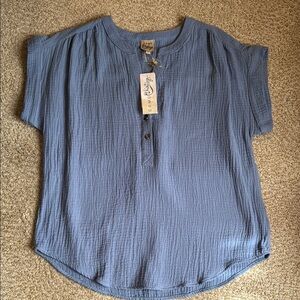 Como Vintage Blue Blouse with Mandarin Collar and Relaxed Fit